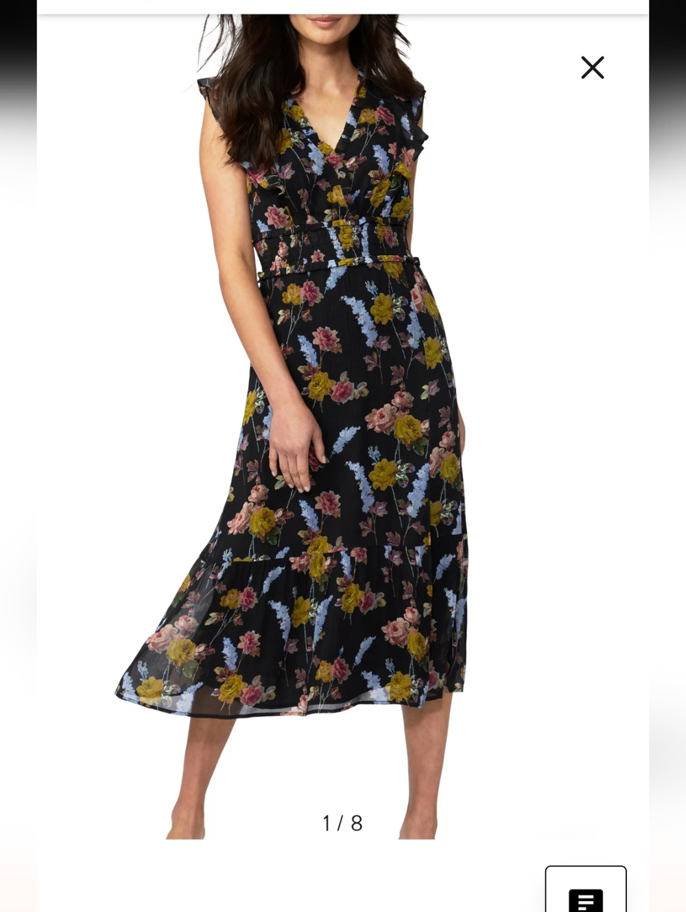 PAIGE Katharina Silk Floral Midi Dress Black Multi Smocked Waist Small